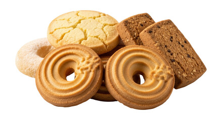 Isolated assortment of butter cookies stacked on top of each other, delicious sweet treat