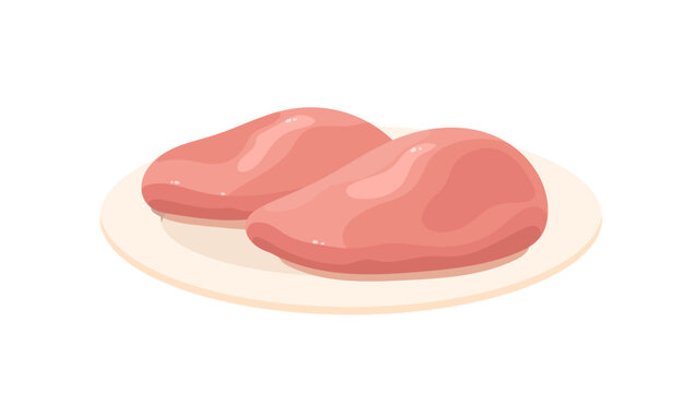 Raw chicken fillet for cooking on plate. Poultry breast, meat for healthy eating, nutrition. Farm food, organic grocery product with protein. Flat isolated vector illustration on white background