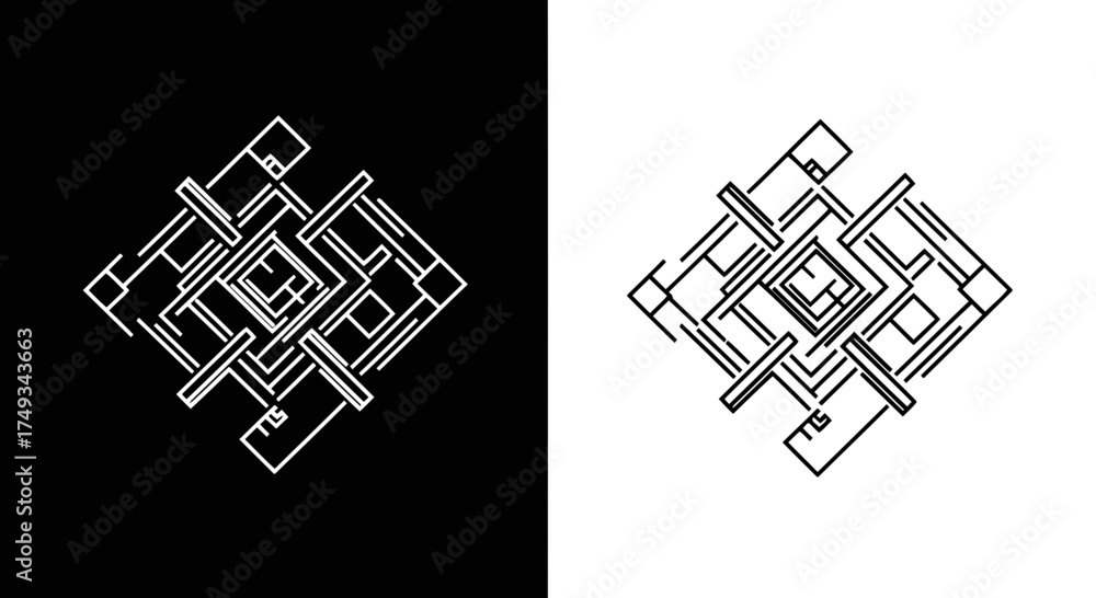 Wall mural Intricate geometric pattern formed by interlocking lines and squares in a symmetrical silhouette