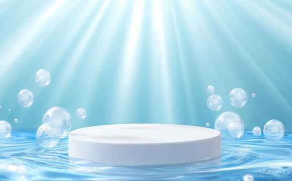 White round podium on a blue water background with sunlight rays, glass balls, and copy space for product presentation design. 
