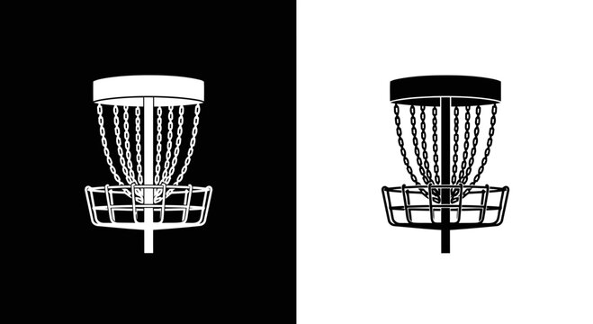 Disc golf basket with chains shown in a clean graphic silhouette style