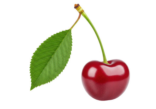 Ripe red cherry with leaf isolated on transparent background PNG, fresh fruit for healthy eating and summer dessert