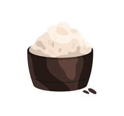 Pottery bowl of rice seeds or soy beans. Icon of soybeans. Organic food for healthy eating, nutrition. Natural product, ingredient for cooking. Flat isolated vector illustration on white background