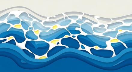 Abstract Waves of Blue and Yellow with Rippling Water Effect and Gentle Beach Shoreline