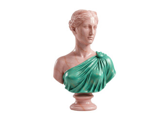 Pink marble bust of woman with green drape isolated on transparent background, classical sculpture art