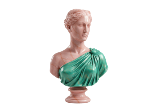 Pink marble bust of woman with green drape isolated on transparent background, classical sculpture art