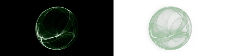 Abstract green circular shape with flowing lines on black and white backgrounds, creating a dynamic visual contrast and enhancing design versatility for creative projects