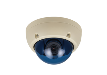 Dome security camera isolated on transparent background, surveillance system for safety and crime prevention PNG