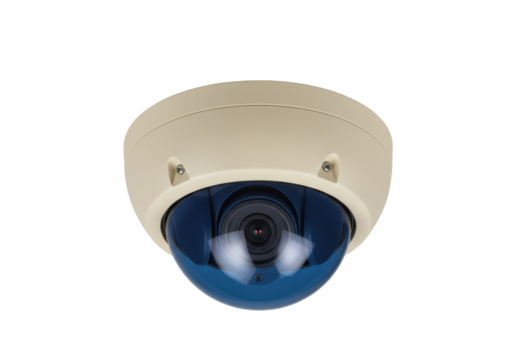 Dome security camera isolated on transparent background, surveillance system for safety and crime prevention PNG