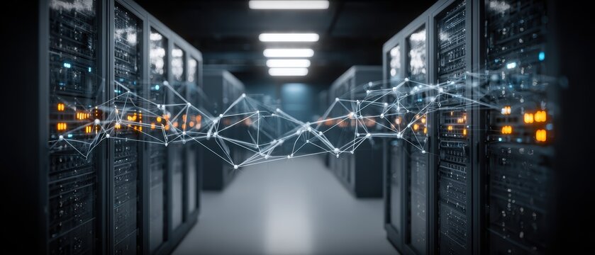 Highly Detailed Modern Data Data Center Server Room with Network Connections and Digital Information Flow Visualization