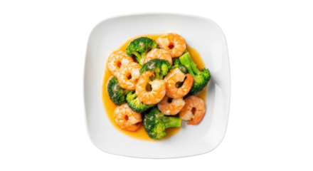 Isolated plate of stir-fried shrimp with broccoli, prepared dish of seafood and vegetable