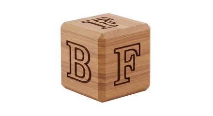 Isolated wooden block with B, F, E letters imprinted, education game, learning toy, alphabet