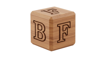 Isolated wooden block with B, F, E letters imprinted, education game, learning toy, alphabet