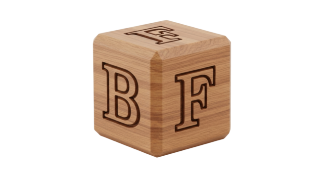 Isolated wooden block with B, F, E letters imprinted, education game, learning toy, alphabet