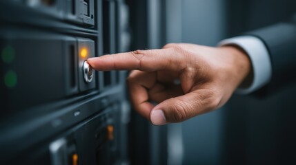 Server room action hand pressing button on data server tech environment close-up perspective it operations