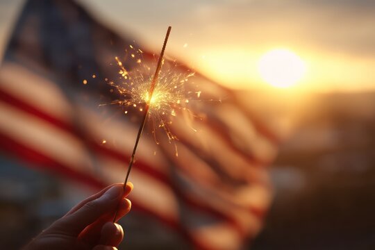 Hand Holding Sparkler Waving American Flag at Sunset - Powered by Adobe