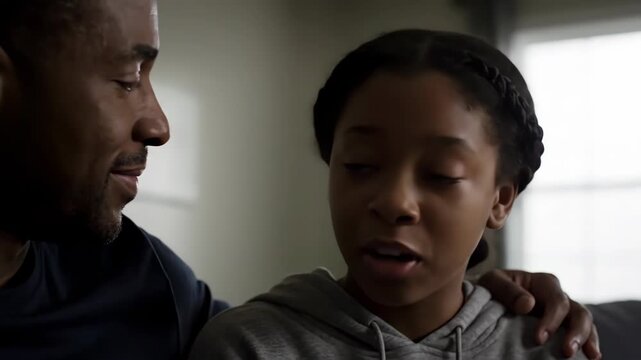 African American father having a serious conversation with his daughter. Supportive parent giving advice and comfort at home. Family communication and guidance concept