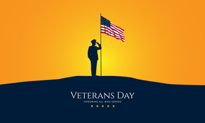 Veteran saluting a waving American flag at sunset scheme. Suitable for Veterans day celebration as a background or banner