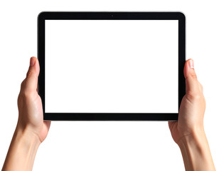 Hands holding a tablet computer with a white screen on black device