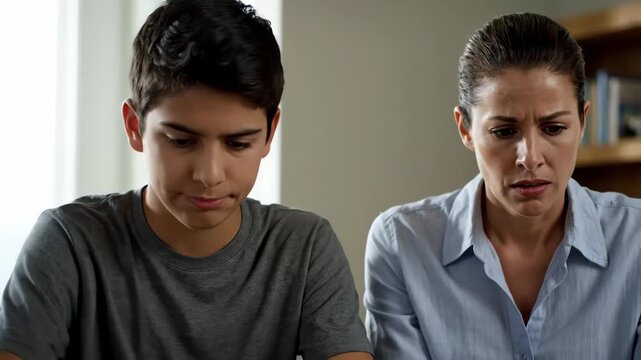 A concerned mother helps her teenage son struggling with difficult homework. A frustrated student has trouble learning and understanding a school subject. Parenting and education support concept