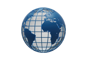 Blue globe with continents isolated on transparent background, world map in 3D for geography and international concepts