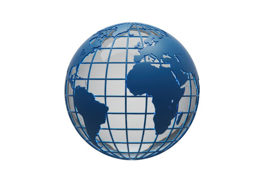 Blue globe with continents isolated on transparent background, world map in 3D for geography and international concepts
