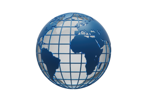 Blue globe with continents isolated on transparent background, world map in 3D for geography and international concepts