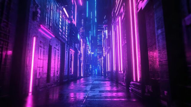 Cyberpunk alley with purple and blue neon lights