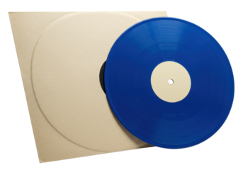 Blue vinyl record in a beige sleeve isolated on white, music album for listening and collecting