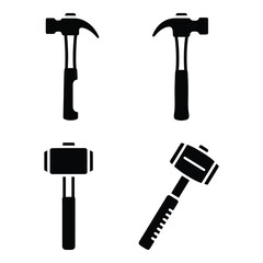 Collection of four black hammer icons representing construction woodworking and repair tools silhouette