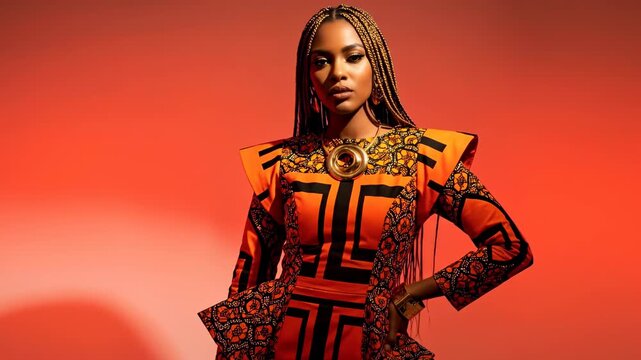 Confident black woman in modern orange african print designer dress posing