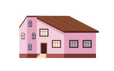Facade of suburban house. Residential building, rural cottage, countryside lodge. Cute home with pink walls. Architecture of suburb, village. Flat isolated vector illustration on white background