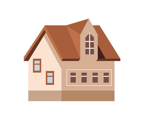 Facade of residential or municipal building. Suburban house, countryside cottage. Village lodge, villa with mansard roof. Suburb architecture. Flat isolated vector illustration on white background