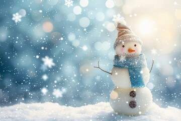 Snowman stands proudly in a winter wonderland as snowflakes gently fall during a bright, chilly afternoon. Place for text