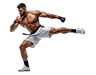 Full-body view of professional combat fighter performing kick and punch pose, martial arts action, isolated on transparent background, PNG