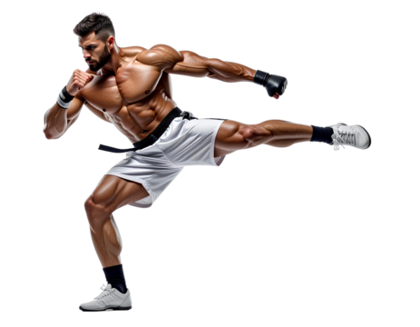 Full-body view of professional combat fighter performing kick and punch pose, martial arts action, isolated on transparent background, PNG