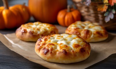 Halloween pumpkin-shaped mini pizzas, golden and melted cheese, baked on parchment, surrounded by autumn props