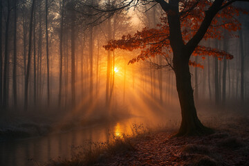morning in the forest with sunny rays 