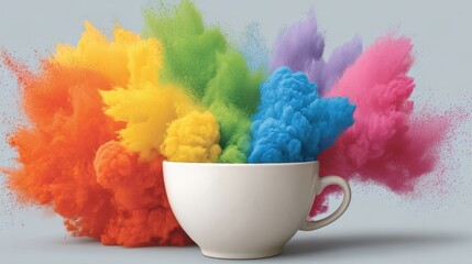 Fototapeta premium Bright colorful powder explosion flying out of a white ceramic cup creating a vibrant artistic background