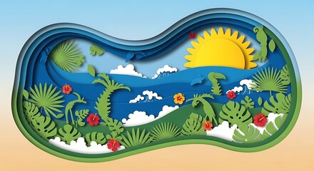 Tropical Layered Paper Art With Flora, Fauna, and Sun