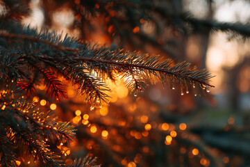 Backlit pine branch with dewdrops and golden bokeh at sunset — macro closeup of evergreen needles glowing in warm golden hour light