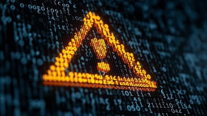 An illuminated alert symbol appears amidst a matrix of binary code, indicating a system error. The vibrant colors contrast sharply with the dark background, highlighting the issue. - Powered by Adobe