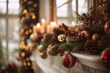 Cozy Christmas mantel decorated with evergreen garland, red and gold ornaments, pinecones, berries and glowing candles for a festive holiday interior