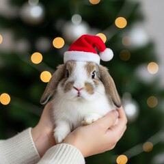 Festive Rabbit with Santa Hat in Christmas Setting.