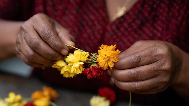 A close-up of hands skillfully making a flower garland, emphasizing the cultural significance of flowers and crafts, showcasing a beautiful blend of colors and human connection.