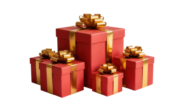 A festive arrangement of red gift boxes with golden ribbons and bows isolated on transparent background