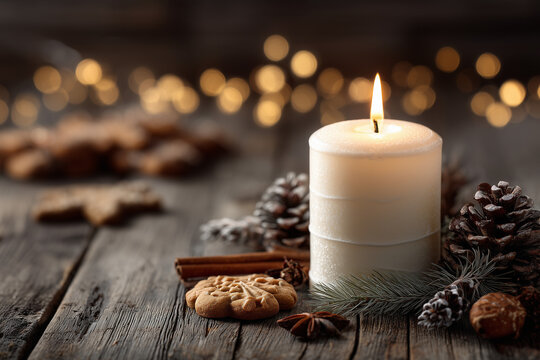 Cozy holiday centerpiece with a burning candle, pinecones, cinnamon sticks and gingerbread cookies on a rustic wooden table with warm bokeh lights