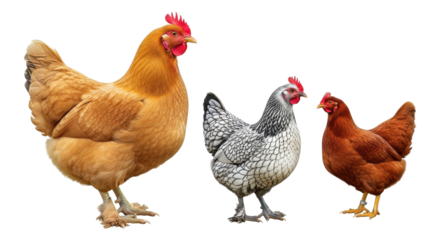 Isolated group of three chickens, poultry farming and sustainable agriculture concept