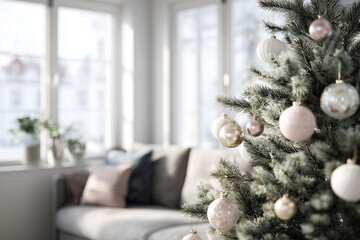 Sunlit modern living room with elegant pastel Christmas tree and gold baubles — cozy Scandinavian holiday interior with soft neutral decor