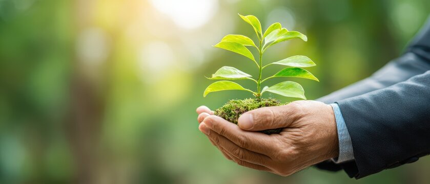 Fototapeta Hand holding small green plant with healthy leaves in soil suggesting growth nature environment and sustainability themes
